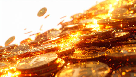 A river of glowing gold coins cascades down in a brilliant shower of light and sparkles. This dynamic scene evokes a sense of immense wealth, sudden fortune, and the ultimate jackpot, perfect for concepts of success, prosperity, and financial windfalls.の素材