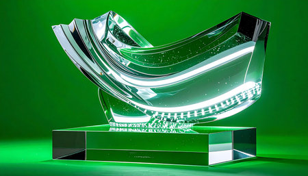 A symbol of ultimate success and innovation, this elegant glass trophy glows with a vibrant green light. Its modern, fluid design captures the essence of victory and forward-thinking achievement, making it the perfect representation of excellence and recognition in any field.の素材