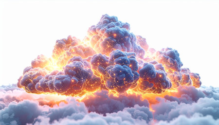 A massive, fiery detonation erupts through a serene sea of clouds, creating a dramatic and awe-inspiring spectacle. The intense energy of the blast illuminates the billowing smoke in vibrant shades of orange and purple, symbolizing immense power, catastrophic change, or a world-altering event.の素材