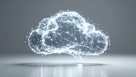 A luminous digital brain, formed by an intricate plexus of data points, floats in a sterile environment. This represents the convergence of cloud computing and artificial intelligence, a powerful neural network processing vast amounts of information to unlock future innovations.の素材