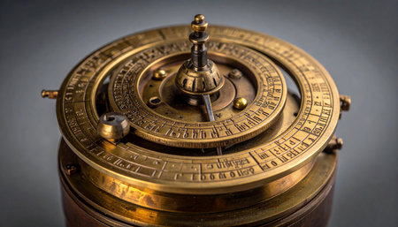 A close-up of an intricate antique brass device, a testament to early scientific ingenuity. Its complex dials and engravings once guided explorers and unlocked the secrets of the cosmos, embodying a legacy of discovery and ancient wisdom.の素材