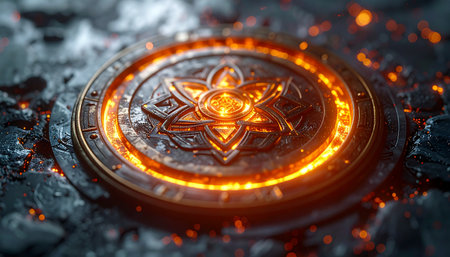 An ancient, powerful amulet, engraved with a mystical hexagram, glows with intense fiery energy on a bed of dark ash. Sparks fly from the relic, hinting at a recently cast spell or the awakening of a long-dormant magical force, perfect for fantasy or adventure themes.の素材