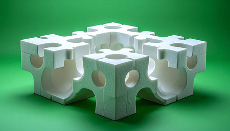 A complex, interlocking modular structure stands as a testament to modern engineering and design. Its precise geometric form, crafted from lightweight polystyrene, suggests concepts of protection, support, and the foundational building blocks of a larger, innovative system.の素材
