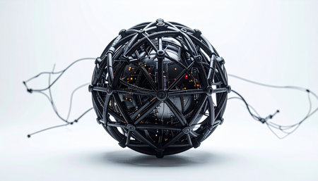 An intricate, dark sphere pulsates with contained energy, its complex lattice representing a powerful artificial intelligence core. Delicate wires extend like a nascent neural network, reaching out to process vast amounts of data and forge new connections in the digital frontier.の素材