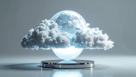 A luminous orb of pure data projects a tangible cloud, symbolizing the power and ethereal nature of modern cloud computing. This minimalist 3D render represents a clean, efficient, and futuristic solution for data storage, networking, and technological innovation.の素材