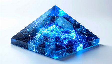 A crystal pyramid captures the raw, glowing energy of a distant nebula. This powerful artifact, isolated on a clean white surface, symbolizes the intersection of future technology, cosmic mystery, and untapped potential.の素材