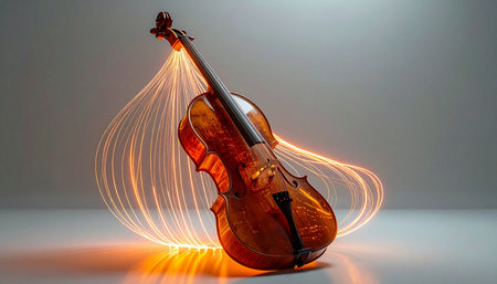 A classical violin stands as a beacon of timeless music, its form enveloped by vibrant trails of light. This long-exposure photograph captures the invisible energy and passion of a melody, visualizing sound waves as a magical, glowing aura that brings the soul of the instrument to life.の素材