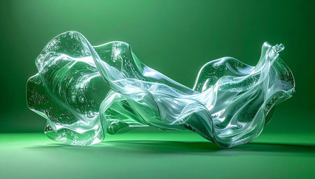 A captured moment of pure energy, this transparent form flows like water or silk through a vibrant green space. Its elegant curves and light-refracting surface suggest concepts of purity, innovation, and the unseen forces that shape our world.の素材