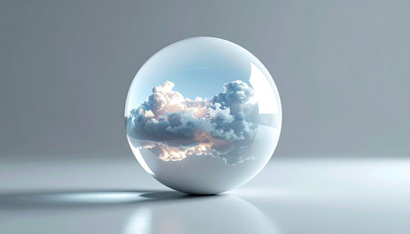 A pristine crystal sphere rests on a reflective surface, capturing a miniature world of clouds within its glass. This minimalist and conceptual image evokes a sense of clarity, foresight, and the serene beauty of the atmosphere, symbolizing the future, weather forecasting, and environmental contemplation.の素材