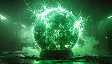 In a high-tech, clandestine laboratory, a powerful energy core hums with immense, unstable power. Green plasma arcs and crackles around the sphere, casting an eerie glow on the surrounding chamber and hinting at a scientific breakthrough with world-changing potential.の素材