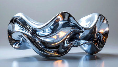 A futuristic sculpture of liquid metal sits in a minimalist space. Its dynamic, flowing waves capture and distort the light, reflecting a world of technological advancement and sleek, modern elegance. This object represents the fusion of art and science, a symbol of innovation and the fluid nature of progress.の素材