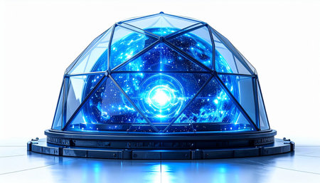 A powerful blue light pulses from within a complex geodesic dome, casting a bright glow on a sterile white surface. This beacon represents a signal of advanced technology, a core of artificial intelligence, or an urgent alert in a futuristic world.の素材