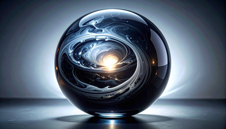 A mesmerizing glass sphere holds a swirling galaxy within its core, a universe of possibilities and cosmic secrets captured in a single, elegant object. It represents concepts of creation, destiny, and the infinite mysteries of space and time.の素材