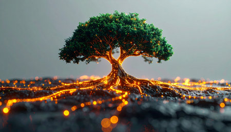 A powerful tree stands as a central hub, its roots glowing with golden energy, spreading like a vast digital network across the landscape. This image symbolizes the fusion of nature and technology, representing concepts of sustainable growth, interconnected systems, and the foundational power of information in a modern ecosystem.の素材