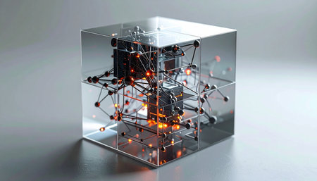 A powerful artificial intelligence core hums with energy, its complex neural network glowing within a secure, transparent cube. This represents the future of data processing, a contained and powerful engine of innovation and complex problem-solving.の素材