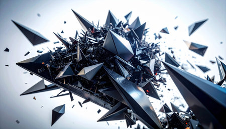 A powerful explosion of sharp, metallic crystals bursts outward against a bright background. This dynamic 3D rendering captures a moment of chaotic deconstruction, symbolizing concepts like digital disruption, creative energy, or the fragmentation of complex data.の素材