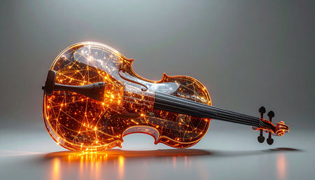 A classical violin is reimagined, its traditional wooden body replaced with a transparent form filled with a glowing network of lights. This image represents the fusion of timeless musical tradition with modern technology, symbolizing the electric soul of harmony and the vibrant energy of creative innovation.の素材