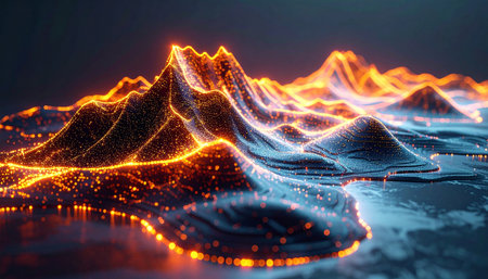 A luminous 3D landscape visualizes the complex flow of big data, with glowing orange peaks representing data clusters and blue valleys showing network pathways. This abstract terrain symbolizes the frontier of technological innovation, artificial intelligence, and digital transformation.の素材