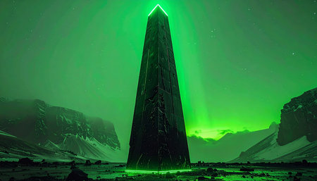 In a desolate, frozen landscape under a sky aglow with an eerie green light, a colossal ancient monolith awakens. It pulses with mysterious energy, a silent testament to an unknown civilization, beckoning explorers to uncover its secrets.の素材