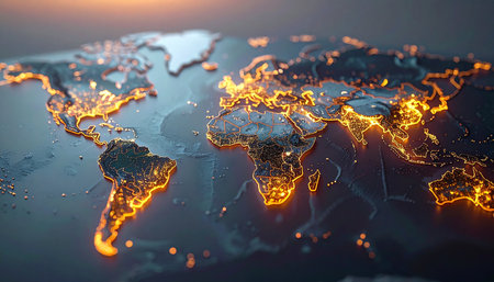 A stunning visualization of Earth at night, where glowing arteries of light trace the paths of global communication, trade, and data flow. This image represents the interconnectedness of the modern world, a complex web of technology and human activity pulsing with energy and innovation.の素材