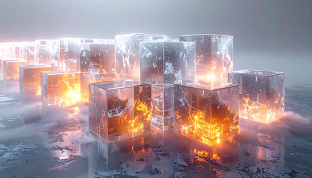 In a surreal, frozen landscape, transparent ice blocks reveal an impossible secret - fiery, glowing cores of immense energy burn within. This abstract visual represents the powerful paradox of contained power, hidden potential, and the elemental clash between fire and ice, perfect for concepts of technology, energy, and breakthrough innovation.の素材