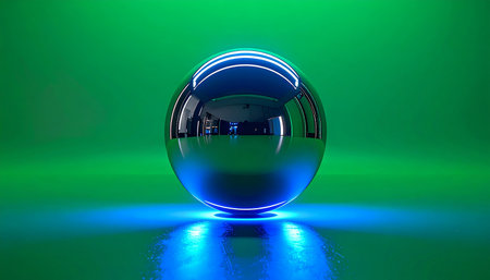 A perfectly smooth chrome sphere rests on a reflective surface, illuminated from below by an intense blue neon light. Its polished surface captures and distorts the surrounding environment, creating a sense of mystery and advanced technology against a vibrant green background, symbolizing a portal to future innovation or a magical crystal ball.の素材