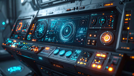 Inside the nerve center of an interstellar vessel, the command console glows with vital data. Holographic displays flicker, showing navigation routes through unknown star systems, ready for a journey into the vast expanse of the future.の素材