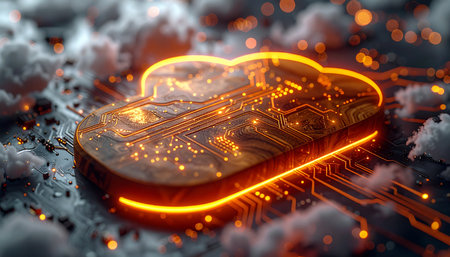 A glowing representation of a cloud computing server, visualized as an intricate circuit board, pulses with orange light. It rests amidst a sea of digital clouds, symbolizing the vast, interconnected network of data storage, processing power, and the future of technological innovation.の素材