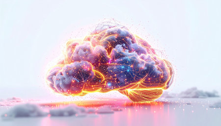 A luminous cloud in the shape of a human brain pulsates with energy and light, symbolizing the immense power of artificial intelligence, deep learning, and the future of neural networks. This abstract concept represents the processing of vast amounts of data, the birth of new ideas, and the boundless potential of digital consciousness.の素材