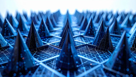 A microscopic view into a futuristic digital landscape where sharp, crystalline structures rise from a glowing network grid. This represents an advanced cyber security system, a formidable digital fortress actively defending sensitive data from incoming threats and intrusions.の素材