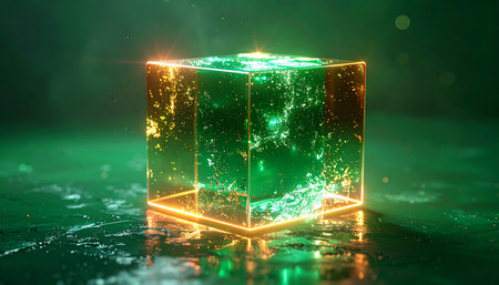 A mysterious cube of unknown origin pulsates with vibrant green energy, its orange-hot edges reflecting on a dark, wet surface. This futuristic artifact suggests advanced technology, a source of immense power, or a portal to another dimension, shrouded in an enigmatic green mist.の素材