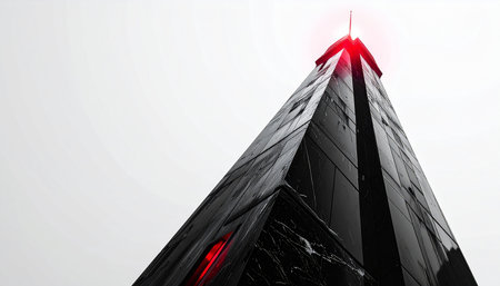 A monolithic black skyscraper pierces the stark white sky, its peak glowing with an ominous red beacon. This image conveys a sense of corporate power, futuristic technology, and a hint of dystopian authority, perfect for themes of business, surveillance, or science fiction.の素材