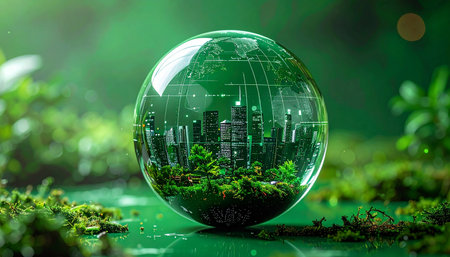 A crystal clear orb rests on a bed of lush green moss, holding within it a vision of the future. Inside, a modern city thrives in perfect harmony with nature, a symbol of sustainable development, green technology, and an optimistic hope for a balanced global ecosystem.の素材
