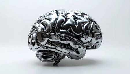 A gleaming, chrome-plated brain stands isolated against a stark white background, its metallic surface reflecting light like a complex circuit. This powerful visual represents the fusion of human intellect with artificial intelligence, symbolizing concepts like machine learning, advanced data processing, and the future of cognitive technology.の素材