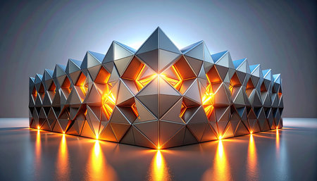 A complex geometric structure, resembling a futuristic crown, emanates a powerful, warm glow from its core. Its metallic, crystalline facets reflect light on a polished surface, symbolizing advanced technology, innovation, and the birth of a powerful new idea.の素材