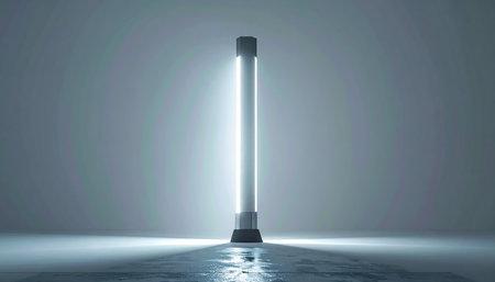 A single fluorescent tube stands as a beacon of stark, cool light in an otherwise empty and sterile environment. Its brilliant glow reflects off the polished floor, creating an atmosphere of minimalist futurism, scientific discovery, and clean energy.の素材