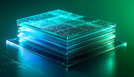 Layers of illuminated glass reveal a complex network of circuits, representing the core of a powerful quantum processor. This is the heart of future technology, where vast amounts of data are processed at the speed of light, unlocking new frontiers in artificial intelligence and innovation.の素材