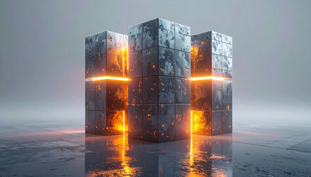 In a vast, silent chamber, three monolithic servers hum with immense, contained power. A brilliant orange light escapes from their core, a sign of the raw data and energy being processed within. Their reflections shimmer on the damp floor, hinting at the boundless potential and deep mysteries of this advanced technology.の素材