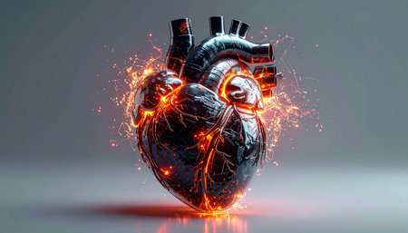 A futuristic bionic heart glows with intense orange energy, its metallic surface cracking under the strain of immense power. This powerful visual symbolizes the fusion of technology and life, representing concepts like advanced medical technology, artificial intelligence, and the raw, untamed power of passion and innovation.の素材
