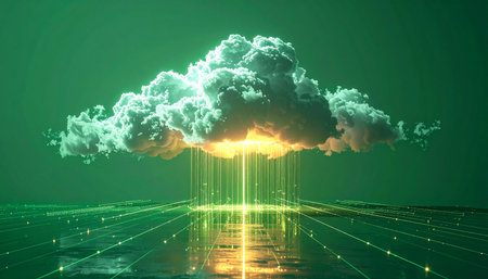 A luminous digital cloud processes and streams vast amounts of data, represented by glowing green and yellow light beams. This 3D rendering visualizes the concept of a powerful, efficient, and secure cloud computing network, symbolizing the future of information technology and global connectivity.の素材