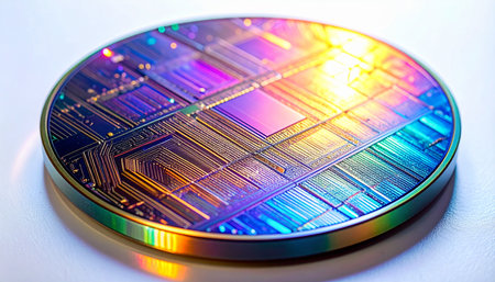A macro view of a silicon wafer reveals a universe of intricate microchips, glowing with iridescent light. This image captures the heart of modern technology, symbolizing the precision, innovation, and immense processing power that drives the future of computing and artificial intelligence.の素材