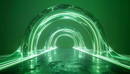 Step into a vibrant green vortex of light, a digital corridor hurtling towards the future. This abstract tunnel represents the incredible speed of data transfer, technological innovation, and the journey into a new dimension of cyberspace.の素材