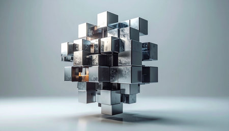 A complex assembly of reflective metallic cubes floats in a clean, minimalist space. This 3D render symbolizes the core of modern technology, representing concepts like data networks, complex systems, blockchain, and the interconnectedness of future innovation.の素材