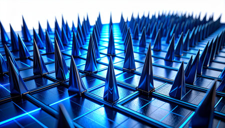 A field of sharp, glowing blue spikes rises in a precise grid, creating an impenetrable technological barrier. This abstract surface represents concepts of advanced cybersecurity, digital defense, and the inherent dangers of a futuristic, data-driven world.の素材