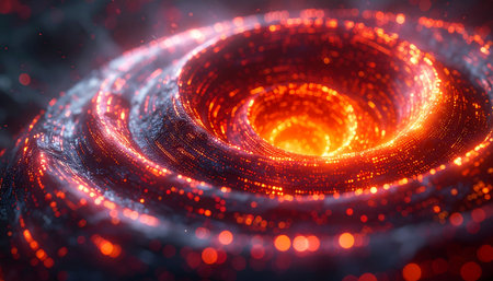 A swirling vortex of digital energy pulses from a futuristic core, representing the immense power of data processing, artificial intelligence, or a cosmic singularity. This abstract background visualizes concepts of advanced technology, innovation, and the boundless potential of the future.の素材