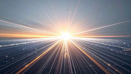 Streams of digital information accelerate from a glowing horizon, representing the dawn of a new technological era. This dynamic visual symbolizes rapid progress, innovation, and the limitless potential of future networks and high-speed data transfer.の素材