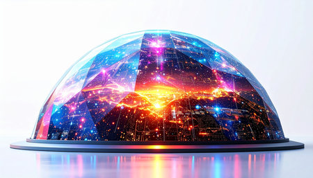 A vibrant, self-contained metropolis thrives within a protective glass dome. Luminous data streams and energy grids pulse through the city at night, symbolizing a future of sustainable innovation, advanced connectivity, and a perfectly controlled urban ecosystem.の素材