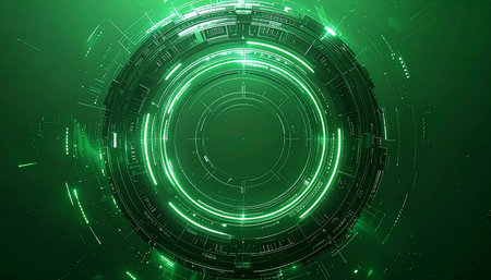 A powerful, futuristic engine hums with vibrant green energy, its circular interface spinning rapidly. This could be the core of a quantum computer, a gateway to another dimension, or a high-speed data vortex, representing concepts of innovation, speed, and the unknown future of technology.の素材