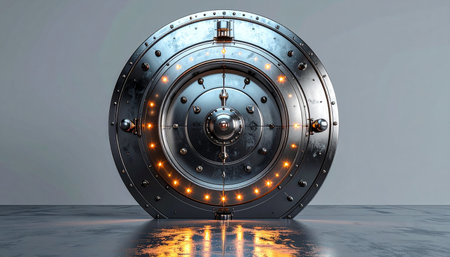 In a high-tech facility, a circular metal gate hums with latent energy, its orange lights pulsing rhythmically. This futuristic portal, a marvel of engineering, secures the unknown, representing concepts of digital protection, blockchain, and impenetrable defense in a sci-fi world.の素材