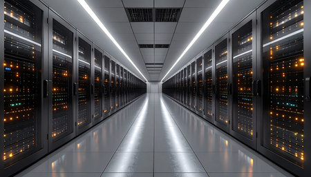 Step into the heart of the digital universe. A long, sterile corridor stretches into infinity, flanked by towering server racks with blinking lights that pulse like a digital heartbeat. This is the central nervous system of modern technology, a secure and powerful hub for cloud computing, big data, and global connectivity.の素材